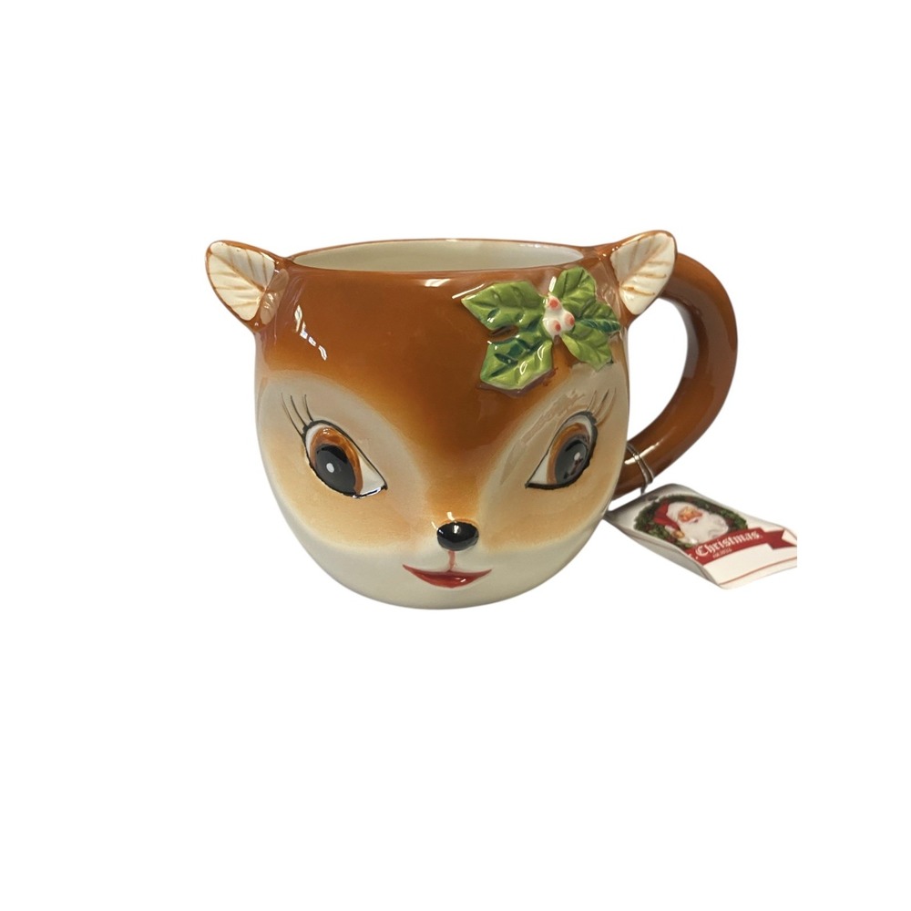 Mr. Christmas Nostalgic Reindeer Ceramic Sculpted Mug Cup Big Eyed‎ Doe NEW